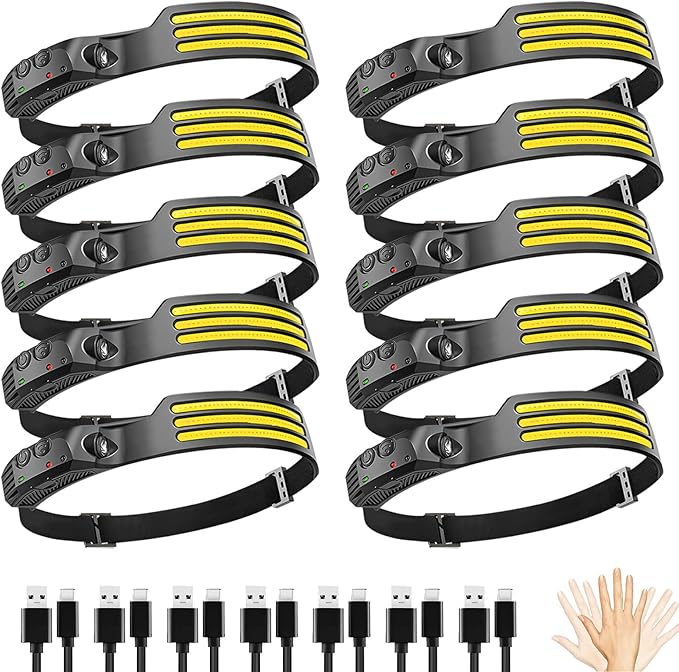 10Pack LED Headlamp Rechargeable with 3 Led Strip, 230° Wide Beam Head Lamp for Forehead, 6Mode Hard Hat Light for Adults, Flashlight for Work, Hiking, Running, Camping Essentials Gear