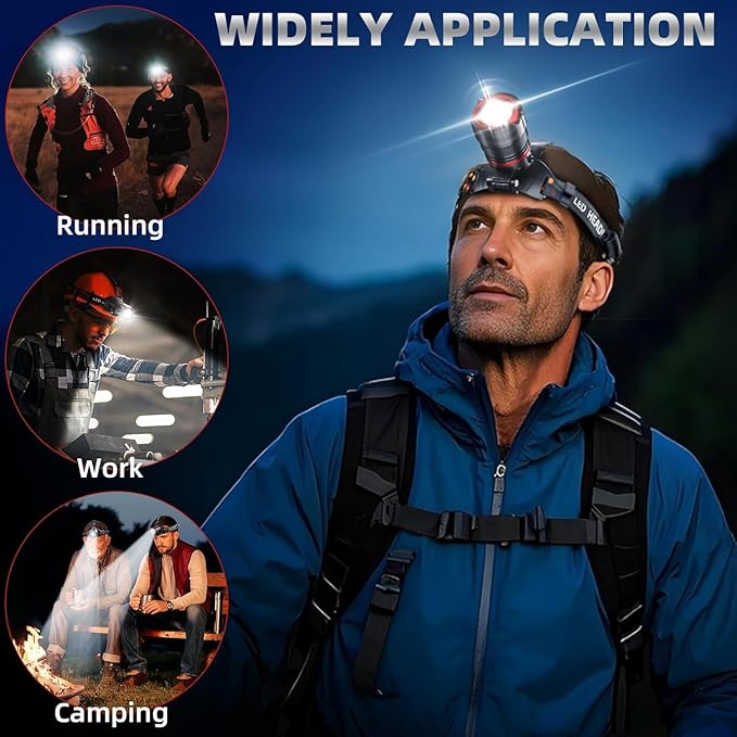 Headlamp 90000 LUMENS LED Rechargeable Head Lamps, Zoomable Headlight with 5 Modes & IPX7 Waterproof, 120° Adjustable Head Lights for Forehead for Outdoor, Camping, Hard Hat, Hunting,Fathers Day Gift
