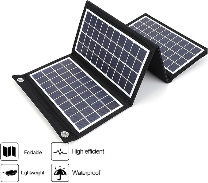 Portable Solar Panel, 30W 5V Foldable Solar Panel Charger with Dual USB Outputs, 4 Fold Water Proof Solar Panel with 2 Hooks, for Outdoor Camping Trip