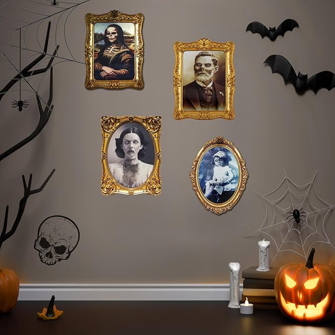ECGER Halloween Decorations Indoor, Haunted Scary Decor - 3D Changing Face Pictures, Vintage Moving Wall Portraits Frame, For Horror Spooky Party Mansion Castle House Home Decoration(8 Pieces)