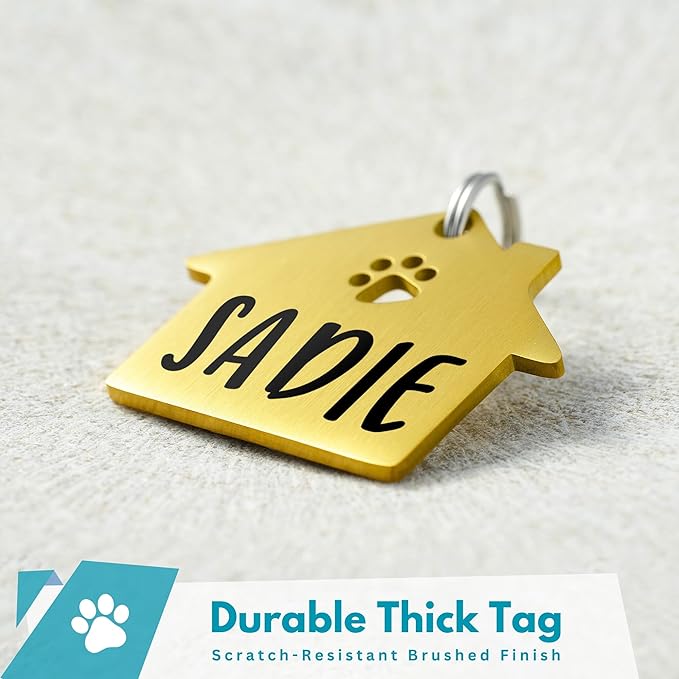 Ultra Joys Dog Tags Personalized for Pets - Hollow Paw Custom Pet ID Tag - Engraved Dog Tag for Small, Large Dogs - Small House in Gold
