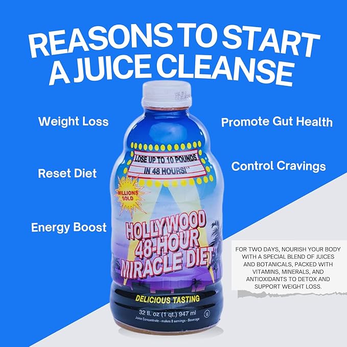 Hollywood diet - 48-Hour Miracle Fruit Juice Cleanse Diet 4-Pack, Detox Cleanse for Weight Loss & Rejuvenation, Food Replacement, Fast Acting Diet, Delicious & Tasty Formula, 32 Fl. Oz.