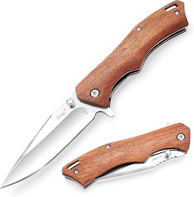 Vickay Pocket Knife for Men, 3.4" 8Cr13MoV Steel Blade, Wood Handle EDC Folding Knife with Liner Lock for Outdoor Camping, Tactical, Hunting, Hiking, Survival - Father?™s Day Gift