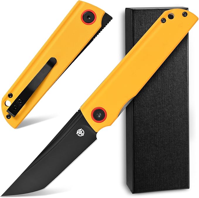 FF15 Folding Pocket Knife, AUS-10 Steel Blade G10 Handle EDC Tool Knife Pocket Clip for Men Women Outdoor Camping, Hunting, Survival(Yellow)