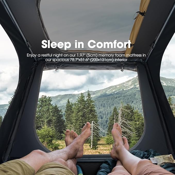 Sanhima Rooftop Tent Hard Shell - Hotham Overland Aluminium Roof Top Tent w/Larger Space, LED Strip Light & Skyview Window, 2” Thick Mattress, for Car SUV Truck Camping, 2-3 People Tent