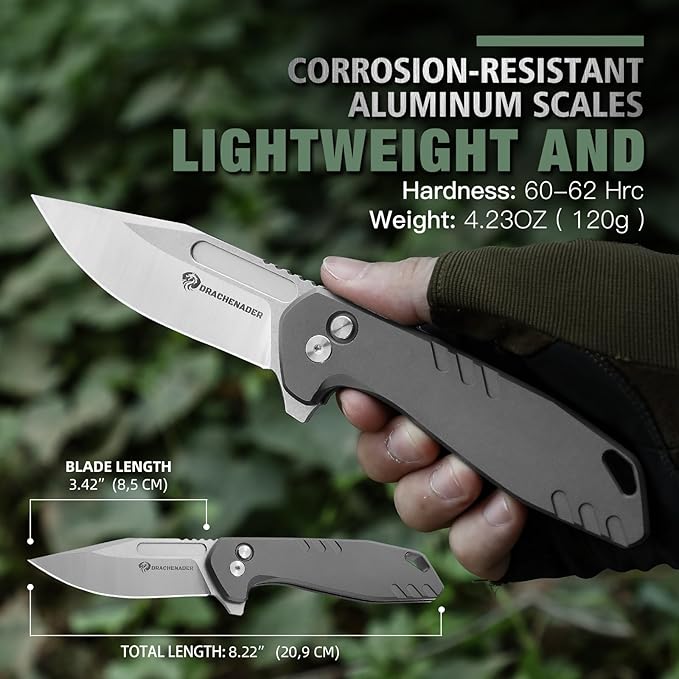 Button Lock Pocket Knife with Nylon-Sheath (Horizontal and Vertical Carry), B-FENG Pocket Knife for Men with Aluminum Handle, Clip, D2 Stainless Steel, for Camping (Gray)
