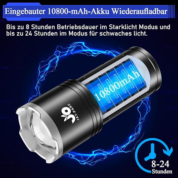 JAY-PARK LED Flashlights High Lumens Rechargeable - 10000 Lumen with 10800mAh Battery and LCD Power Display, 5 Lighting Modes, Zoomable, Long Beam(3000m) High Powered Flashlight for Camping, Emergency