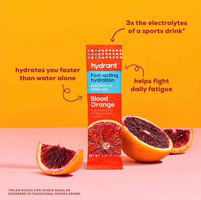 HYDRANT - Hydrate Electrolyte Powder, Blood Orange Flavor, 30 Rapid Hydration Individual Stick Packs - Low Sugar Drink Mix for Daily Use, Travel & Workouts