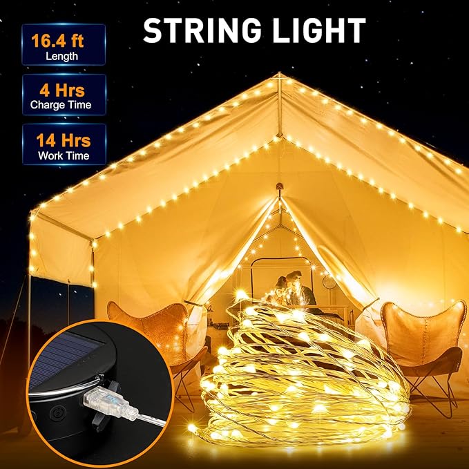 Camping String Light, Solar String Light with Camping Lantern (3 in 1 Design), Rechargeable and Portable for Camping,Emergency, Hiking.