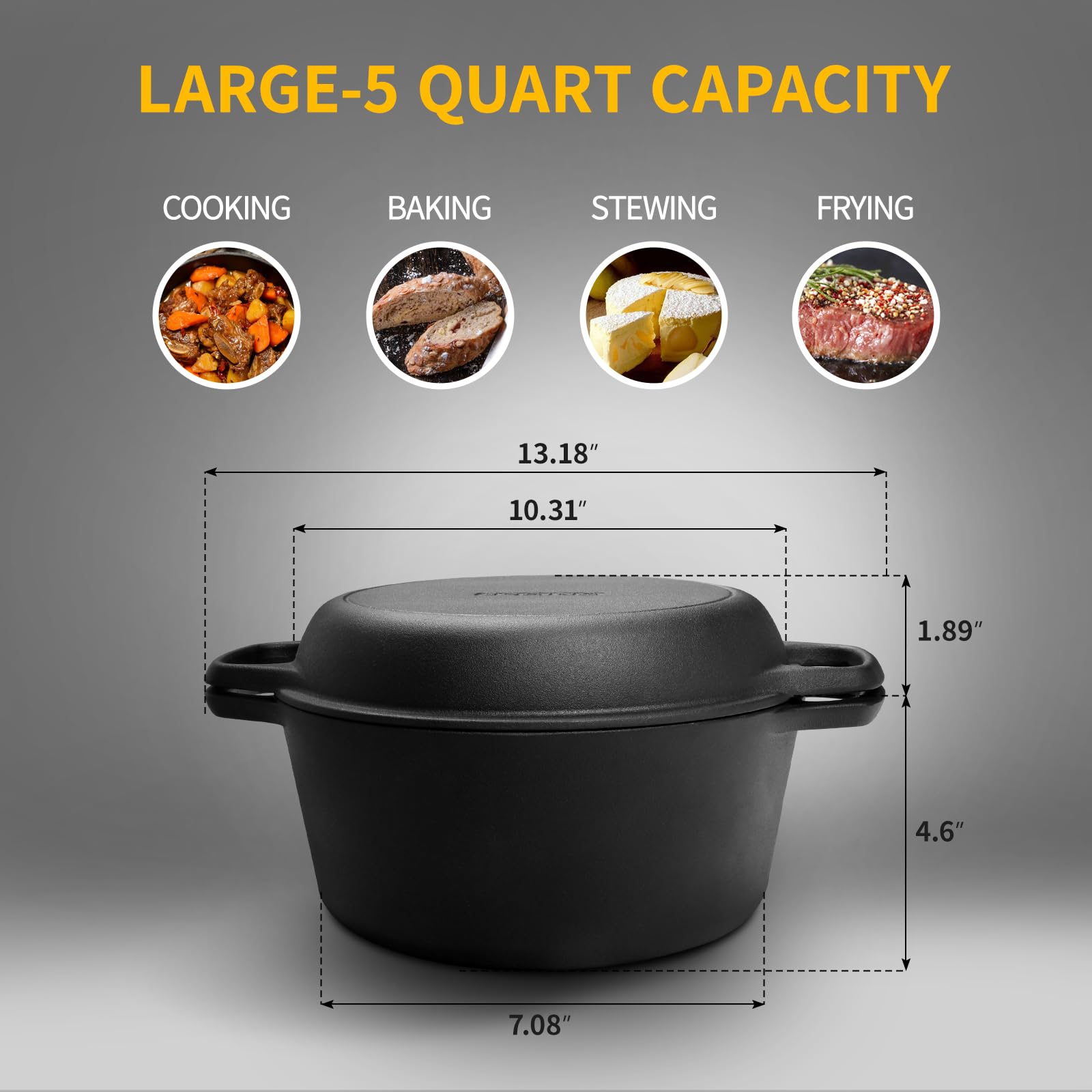 EDGING CASTING 2-in-1 Pre-Seasoned Cast Iron Dutch Oven Pot with Skillet Lid Cooking Pan, Cast Iron
