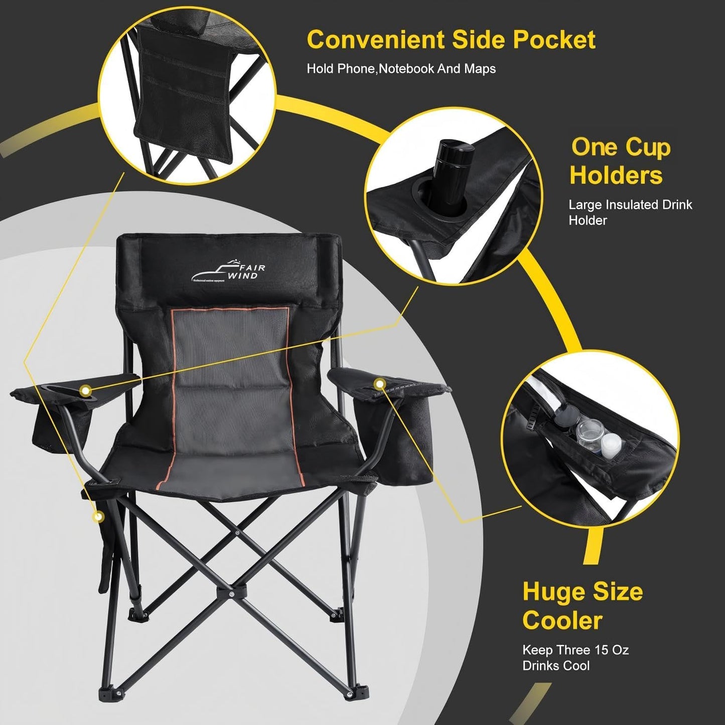 FAIR WIND Oversized Padded Camping Chair with Footrest Stool Set Heavy Duty Support 300 LBS Cooler