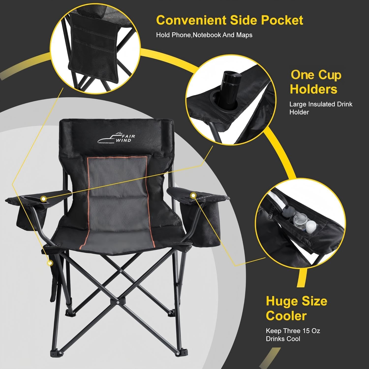 FAIR WIND Oversized Padded Camping Chair with Footrest Stool Set Heavy Duty Support 300 LBS Cooler