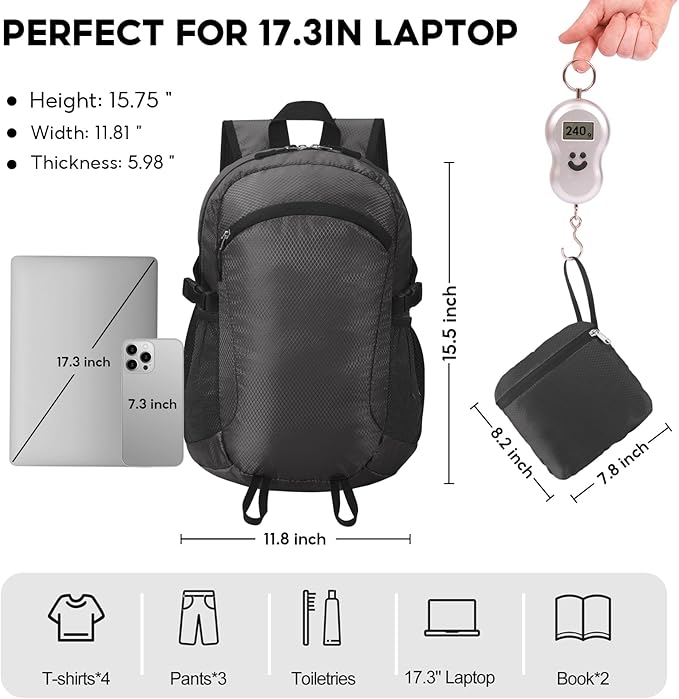 Small Hiking Daypack,15L Water-Resistant Hiking Backpack Packable Lightweight Travel Day Pack for Women Men (Black, Small)