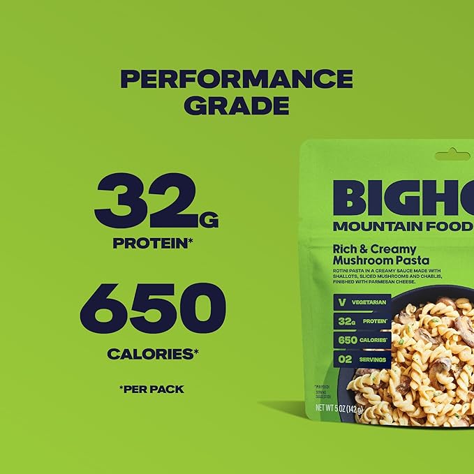 BIGHORN Mountain Food Vegetarian Creamy Mushroom Pasta - contains 6 packs | 12 servings | 192g Protein | 3,900 Calories - premium freeze dried meals for backpacking food - vegetarian backpacking meal - ideal camping meals just add water - great taste