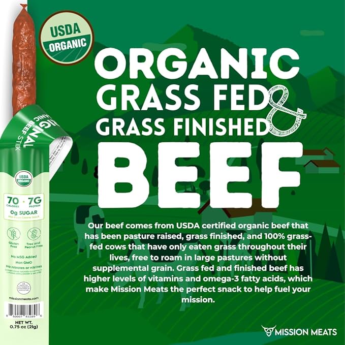 Mission Meats 100% Certified Organic Beef Sticks – Pasture-Raised, Zero Sugar, Non-GMO, Healthy Individually Wrapped Meat Sticks Snack, 0.75oz (12ct)