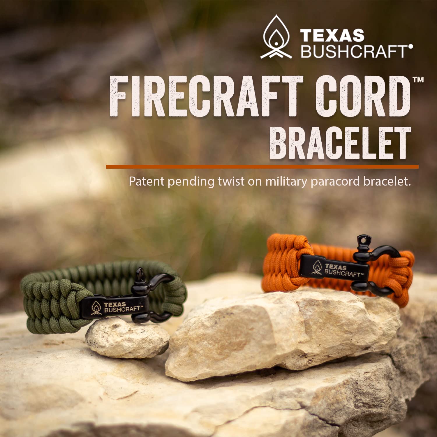 Texas Bushcraft Firecraft Cord Survival Bracelet – Paracord Bracelet with Bow Shackle for Camping