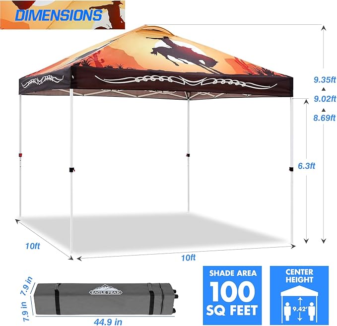 EAGLE PEAK Pop Up Canopy Tent with Wheeled Carry Bag, 8 Stakes, 4 Ropes, 4 Weight Bags, Easy Set Up Tent Canopy, 10x10 ft, 100sqft of Shade, Cowboy