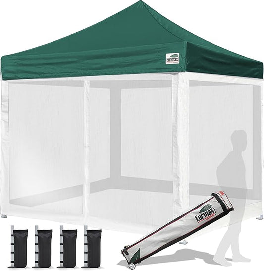 Eurmax USA 10'x10' Pop-up Canopy Tent Commercial Instant Canopies with 4 Removable Zipper End Screen Wall kit and Roller Bag, Bonus 4 SandBags(Forest Green)