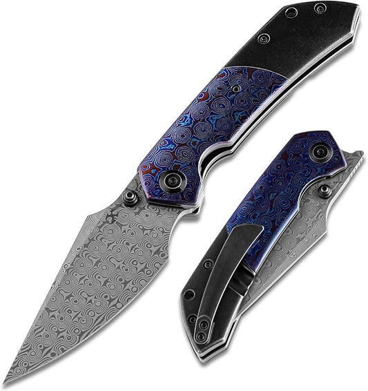 KANSEPT Fenrir Pocket Folding Knives for Men Women EDC Camping Fishing Knives 3.48'' Damascus Harpoon Blade Knives with Black Stonewashed Titanium Timascus Handle and Ti Clip Tactical K1034A8