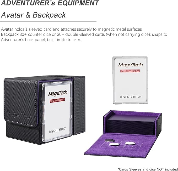 Adventurer [Paragon] Commander Kit - Avatar Holder + Backpack Dice Box Snap-On Back Panel, with Life Tracker - MTG Commander/EDH - Black/Purple