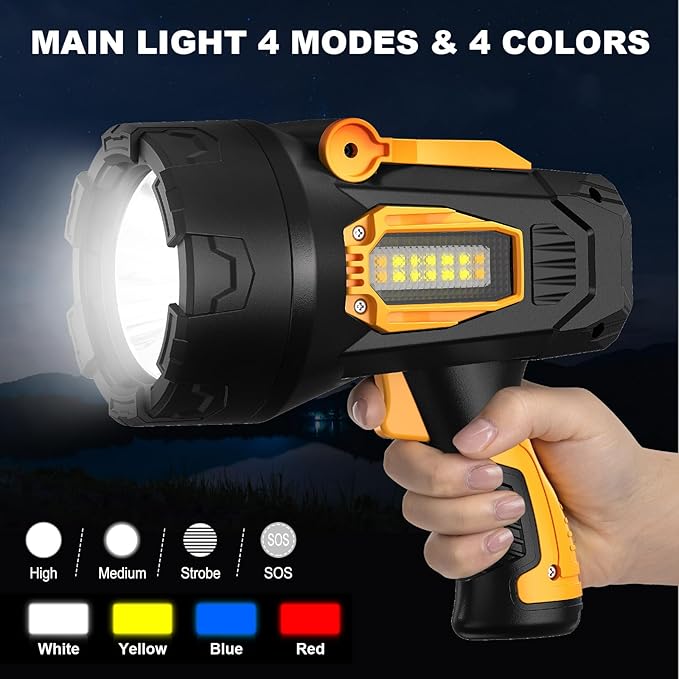 LBE Rechargeable Spotlight, Super Bright 90,000 Lumens Led Flashlight Handheld Spot Lights Outdoor with Cob Light, 10000ɱAh Long Lasting Large Spotlight for Hunting Boating Camping