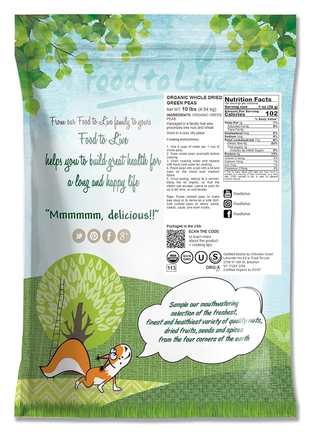 Food to Live Organic Whole Dried Green Peas, 10 Pounds – Non-GMO, Green Vatana, Sproutable, Vegan, Kosher, Bulk. Pre-Soak Needed. Rich in Protein, Fiber. Great for Green Curry, Stews, Salads, Pea Soup
