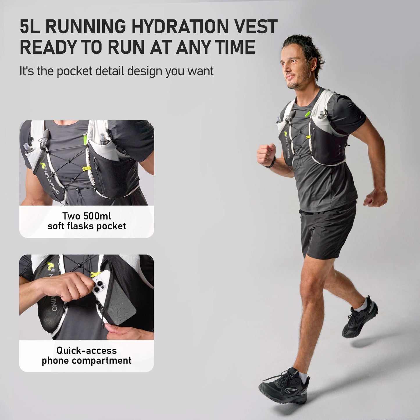 N NEVO RHINO 5L Running Vest, Water Vest Backpack with 2x500ml Soft Flasks
