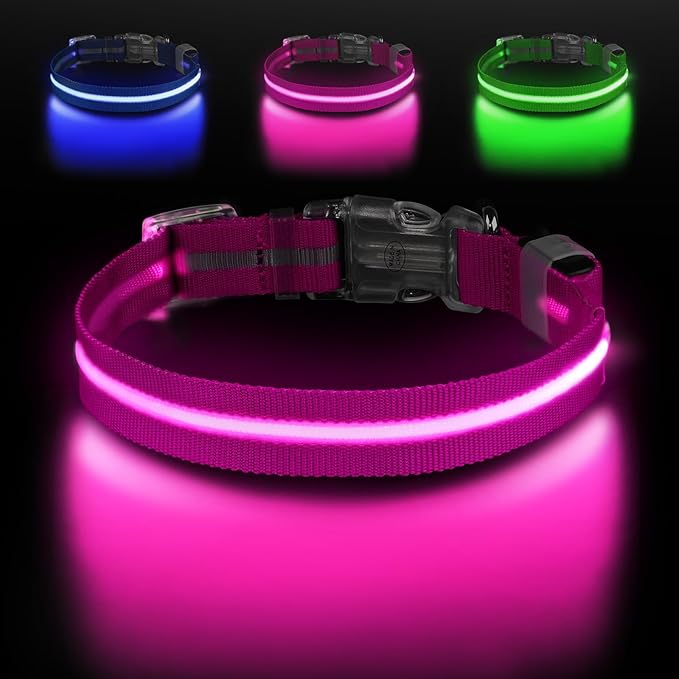 Light Up Dog Collar, Adjustable USB Rechargeable Glow in Dark Dog Collar ，Waterproof Dog Collars for Small Dogs (Pink, Small)