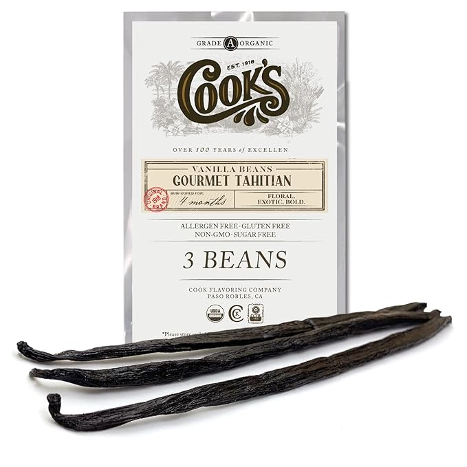 Cook?™s, Tahitian Organic Vanilla Beans, Grade A, World?™s Finest Gourmet Fresh Premium Vanilla, Certified Organic by CCOF, 3 Whole Beans