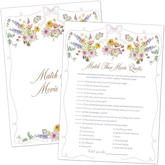 Match These Movie Quotes Bridal Shower Games, Wildflowers Pink Bow Games Card for Wedding Reception, Bridal Shower, Engagement, Bachelorette Party Activity Decorations (25 Pack) -A03