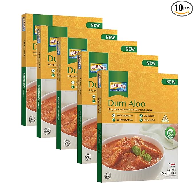 Ashoka Real Indian Meals 1932, Vegan Potato Curry, Ready to Eat Dum Aloo, All-Natural Instant Meals, Healthy Work Lunch, Kosher Certified, Gluten-Free, and with No Preservatives, Pack of 10