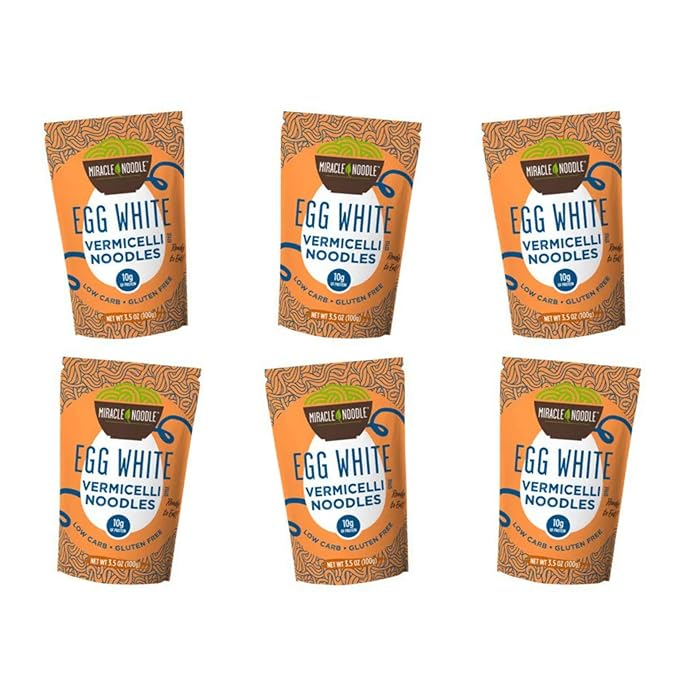 Miracle Noodle Egg White Vermicelli Pasta, 3.5 Oz (Pack of 6), Ready to Eat Egg White Noodles, 10g Protein, 45 Calories, 1g Net Carbs Per Serving, High Protein, Keto, Gluten-Free