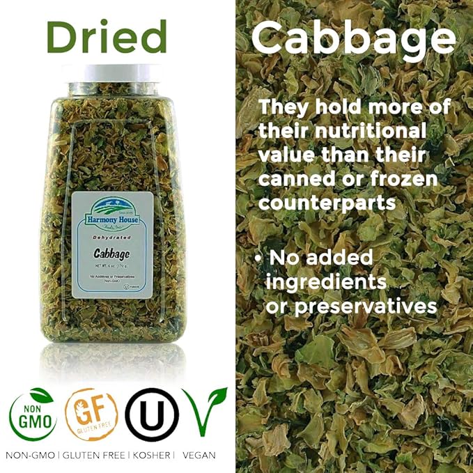 Harmony House Foods Dehydrated Cabbage Flakes - Air Dried Vegetables for Soup and Cooked Dishes, Great for Camping, Survival, and Backpacking, 24 Ounces