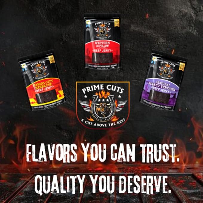 Prime Cuts Jerky Variety Pack – 6 Gourmet Beef Brisket Flavors, 100% USA Beef, No MSG or Nitrates, Tender & Marinated, High Protein Snack – 6 Bags of Premium Jerky