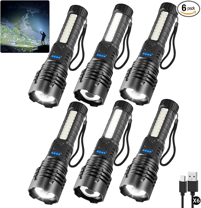 6Pack Rechargeable Flashlights, 7Mode Flashlights High Lumens, Super Bright LED Flashlight, Adjustable Tactical Flash Light, High Powered Flash Light, Handheld Flashlight for Home Emergency Camping