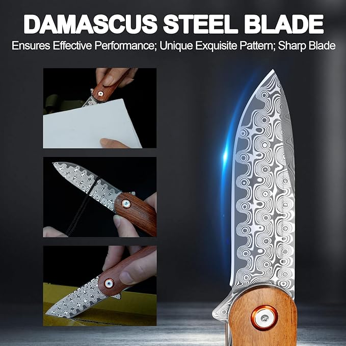 Damascus Pocket Knife, 2.95" Damascus Steel Blade Pocket Knives & Folding Knives, Wooden Handles EDC Knife for Women Men