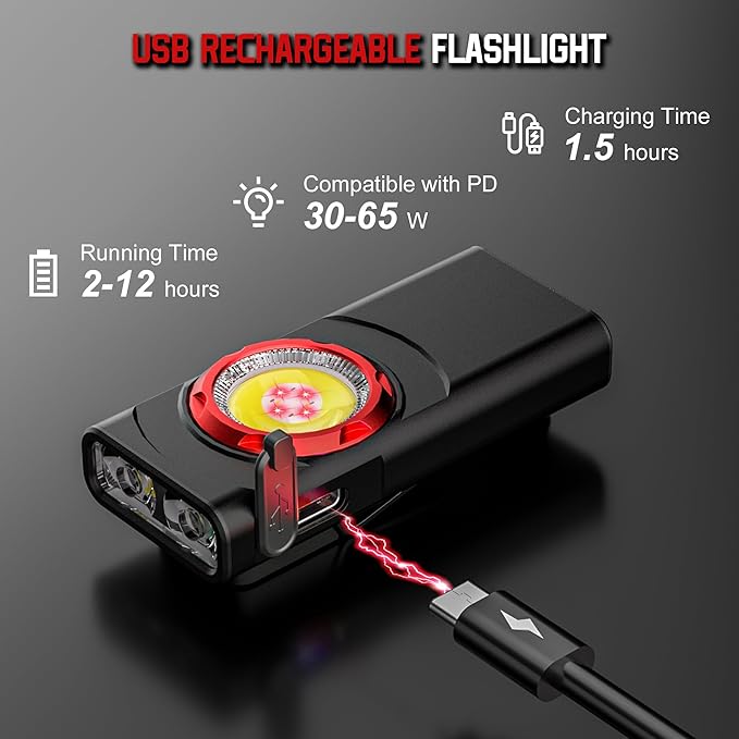 EDC Flashlight Rechargeable, 700 Lumens Mini LED Flashlight with 8 Modes Dual Light Sources Magnetic Flashlights with Clip Waterproof Pocket Flat Flashlights for Night Working (1, Black)