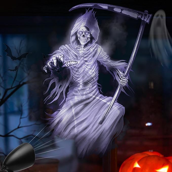 Halloween Projector Lights Outdoor Indoor - 3D Dynamic White Reaper Projector Decorations Lights with Timer, Waterproof Halloween Light for Wall, Window, Ground, Roof, Cemetery, Holiday Decor