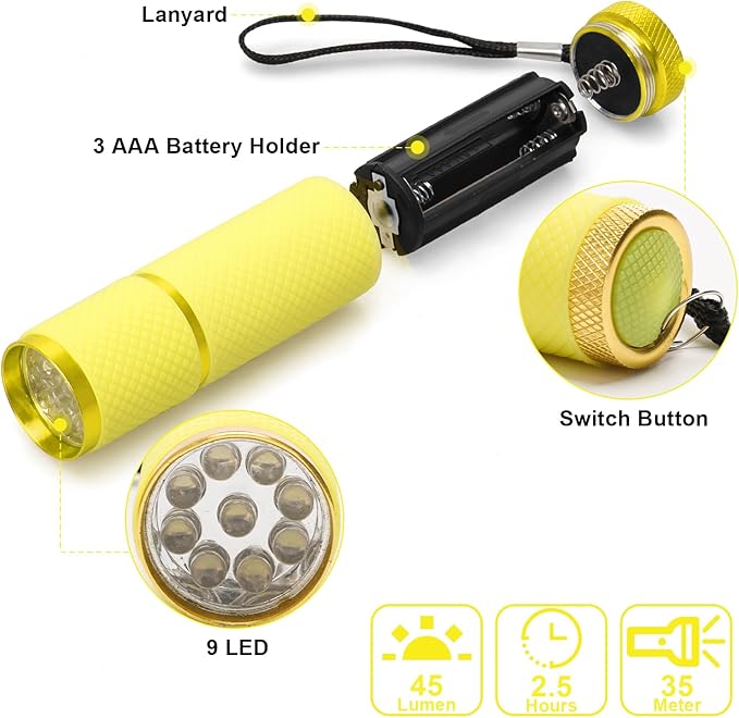 AHIER 9 LED Glow in The Dark Flashlights, Rubber Coated Small Flashlights with Straps, Portable Handy Mini Flashlight for Camping, Hiking, Indoor, Assorted Colors (Yellow)