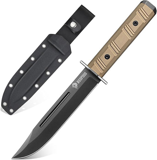 NedFoss BRAVE Fixed Blade Tactical Knife, 6.8" Full Tang Survival Knife with Kydex Sheath, D2 Steel Blade & Desert G10 Handle, Hunting/Camping Knife for Heavy-Duty Task, Outdoor Gifts for Men Women