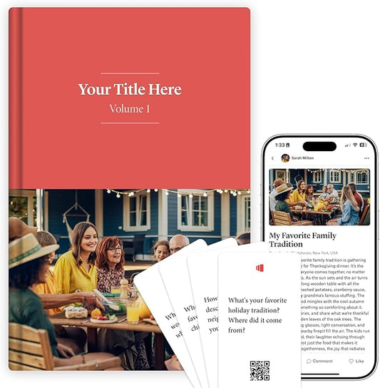 Custom Hardcover Family Memory Keepsake Book + Storied Starter Cards (78 Cards) - Complete Legacy Bundle Gift for Grandparents & Parents - Preserve Family Stories & Memories
