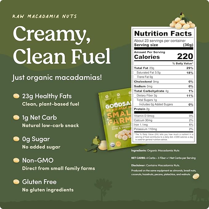 goodSAM Organic Raw Macadamia Nuts ??Unsalted, Whole Nuts ??Buttery Creamy Flavor ??Sustainably Grown on Regenerative Family Farms ??High Fat Low Carb Keto Friendly Snacks - 1.5lb Pouch