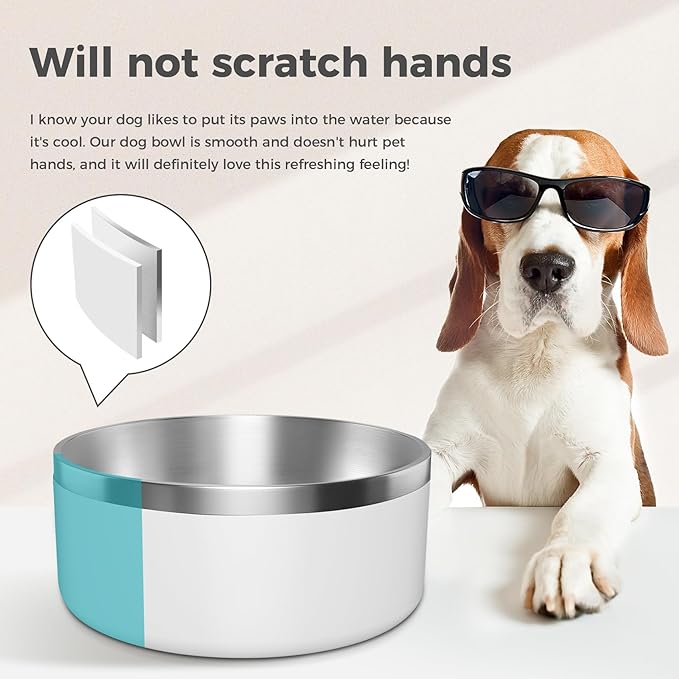 Dog Bowl, Stainless Steel Dog Food and Water Bowl with Non Slip Quiet Bottom, Easy to Clean, Dishwasher Safe, 40oz, White