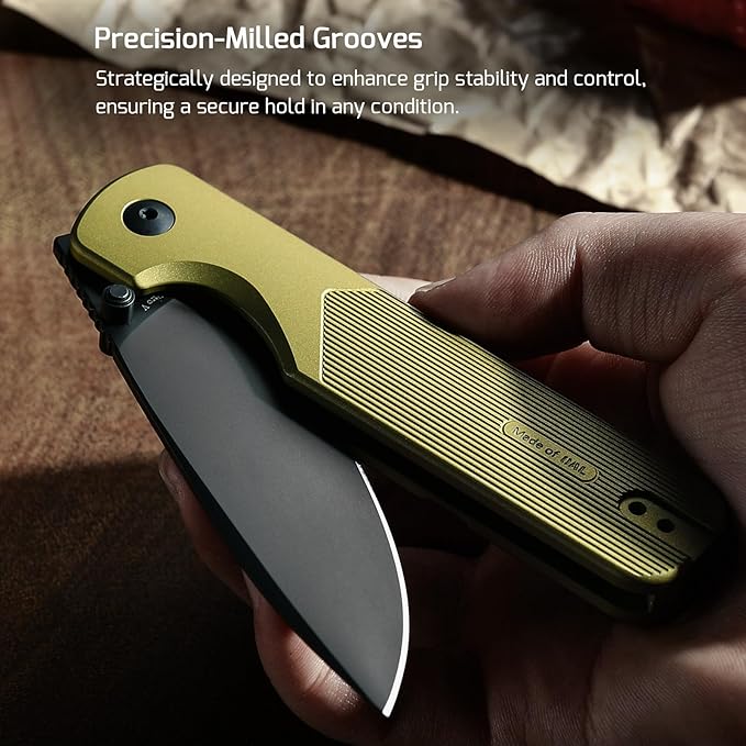 OKNIFE Duron Folding Pocket Knife, 3.5" PVD Coated Nitro-V Steel Blade, Frame Lock Lightweight O-Aluminum Ambidextrous Handle with Clip, Ideal EDC Tool for Outdoor, Camping & Survival (Olive Green)