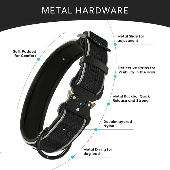 Dog Collar for Small Medium Large Dogs, Reflective, Adjustable Heavy Duty Dog Collar, Soft Neoprene Padded Comfortable for Walking (Black, L)