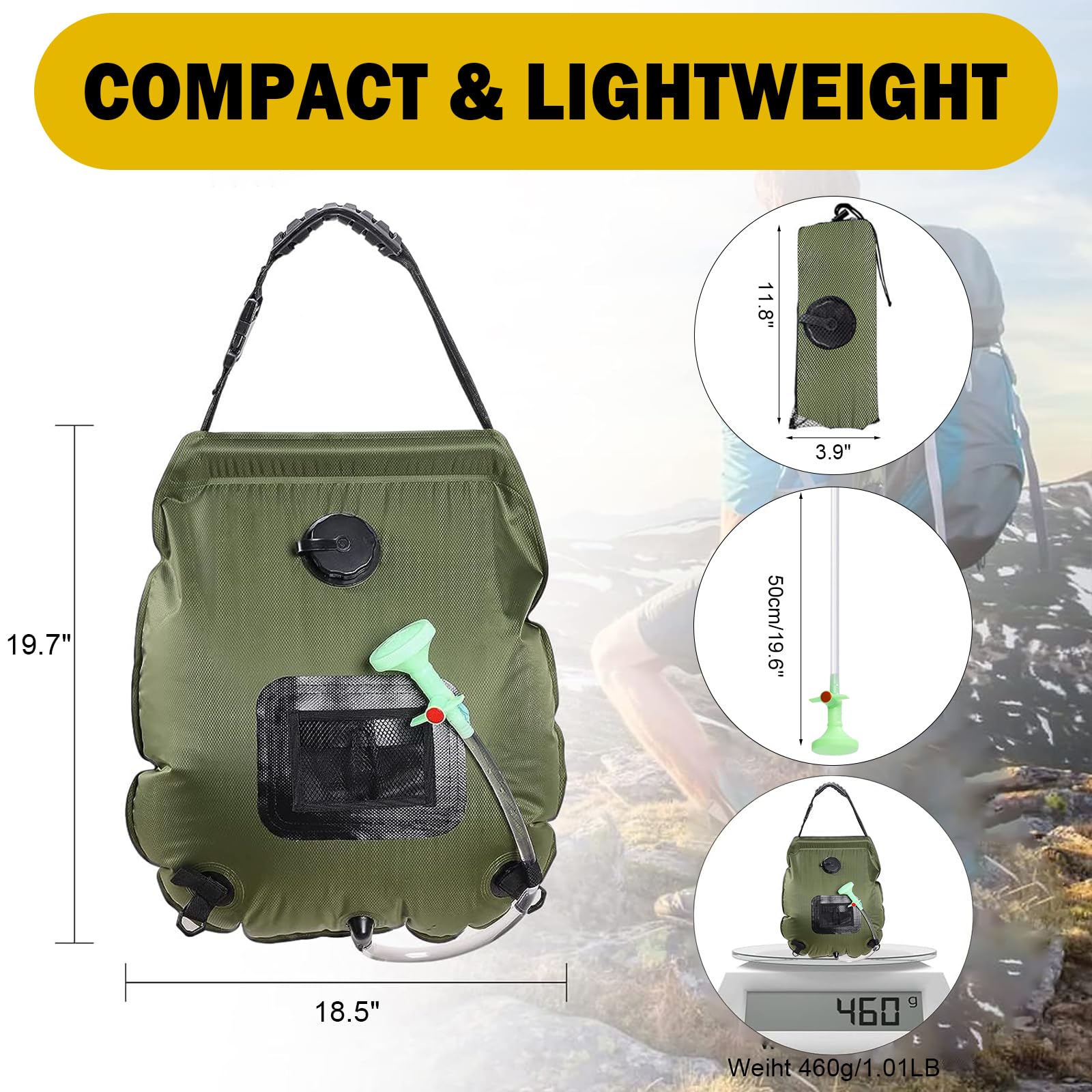 KIPIDA Solar Shower Bag | 5 Gal/20L Solar Heating Camping Shower Bag | Removable Hose | On-Off