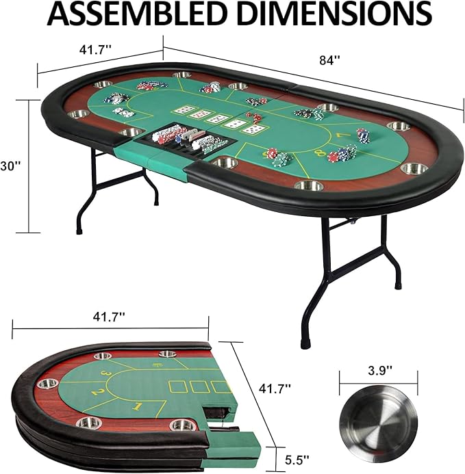 Premium 84" Poker Table Foldable with Chips Tray, 10 Player Oval Folding Portable Texas Holdem Table with Cushioned Rail & Stainless Steel Cup Holders, Green Felt Surface