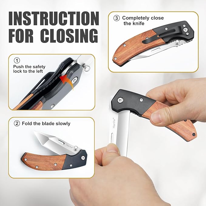 Harita Pocket Knife for Men, Folding Utility with Pocket Clip, Wood Handle EDC for Women with 3.4″ Sliver Steel Blade, Camping Knife, Hunting, Hiking - Father's Day Gift (Sliver, 3.4 inch Classic Blade)