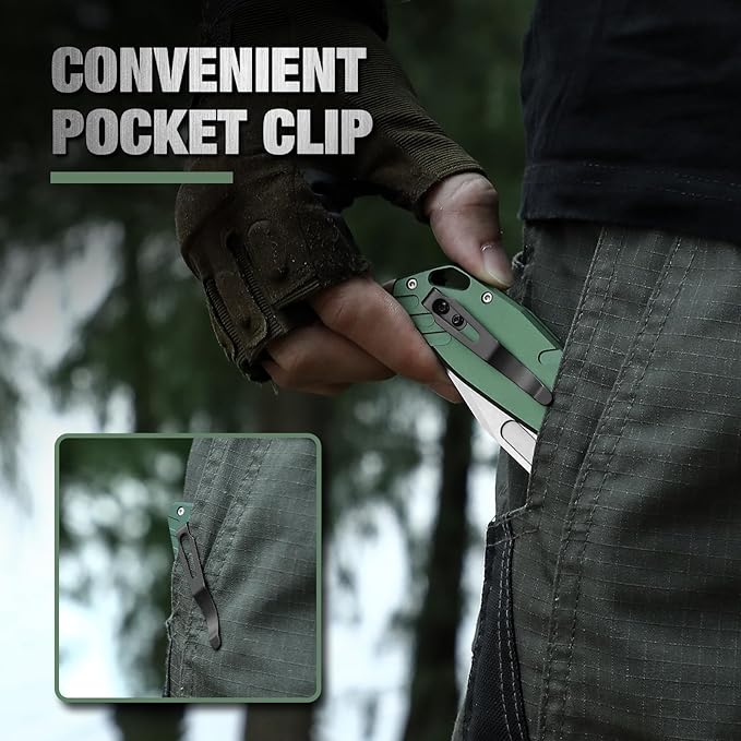 B-FENG 8.22" Button Lock Pocket Knife for Men, 3.42" D2 Blade Folding Knife with Clip and Sheath, EDC Tactical Knife, Gift for Men, Green