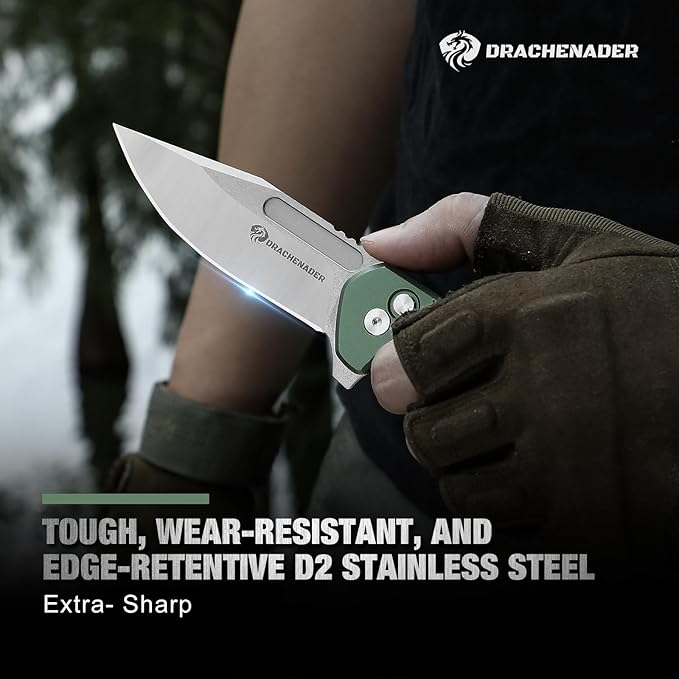B-FENG 8.22" Button Lock Pocket Knife for Men, 3.42" D2 Blade Folding Knife with Clip and Sheath, EDC Tactical Knife, Gift for Men, Green
